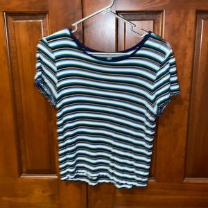 Yellow, blue and white striped top